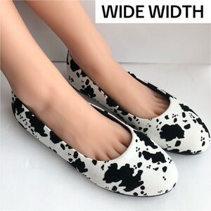 12W Wide Width COW Animal Print Black White Round Toe Slip On Flat Shoes 12